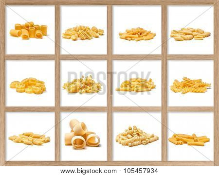 food background different kind of italian pasta