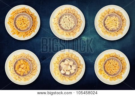 food background different kind of italian pasta