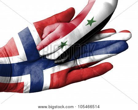 Adult Man Holding A Baby Hand With Norway And Syria Flags Overlaid. Isolated On White