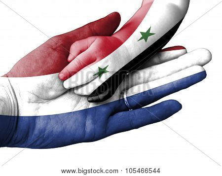 Adult Man Holding A Baby Hand With Netherlands And Syria Flags Overlaid. Isolated On White