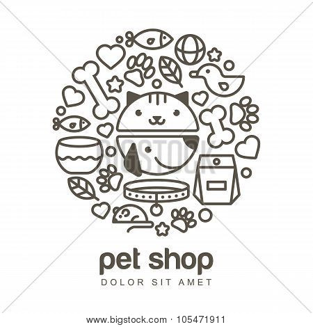 Linear Illustration Of Funny Muzzle Of Cat And Dog. Goods For Animals, Vector Icons Set.
