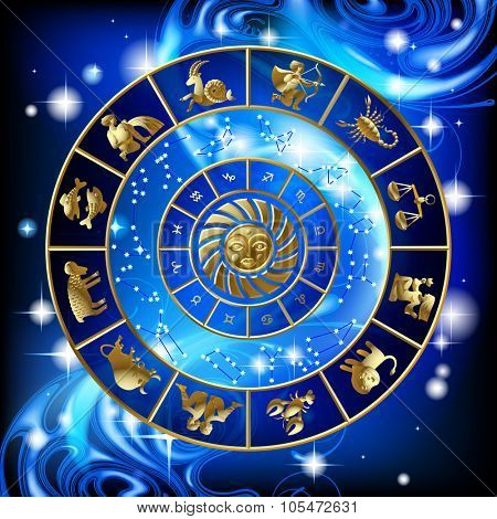 Gold zodiac circle with the signs and the constellations. Calendar cover design