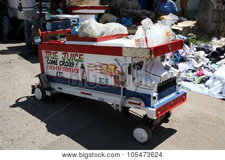 FALMOUTH, JAMAICA SEPTEMBER 27, 2015 : Street Vendor Cart selling Fruit juices and drinks to thirsty residents and tourist from around the world. Falmouth Jamaica on September 27, 2015.
