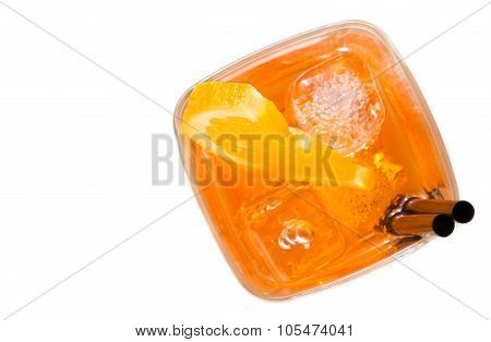 Top Of View Of Glass Of Spritz Aperitif Aperol Cocktail With Orange Slices And Ice Cubes