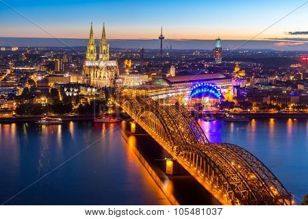Aerial Cologne Cathedral and Hohenzollern Bridge, Cologne, Germany