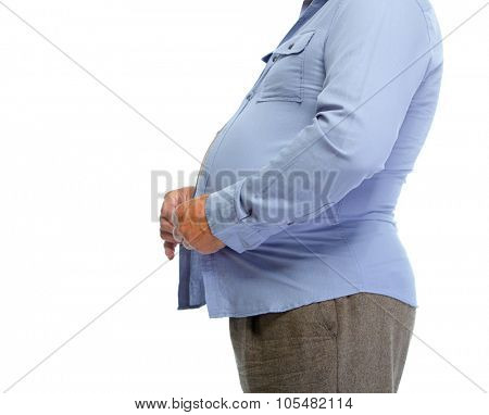 Senior man with fat stomach. Lose weight concept.