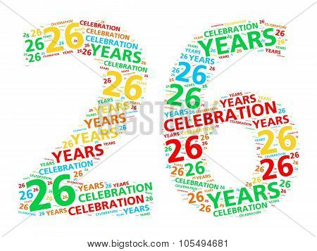 Colorful word cloud for celebrating a 26 year birthday or anniversary