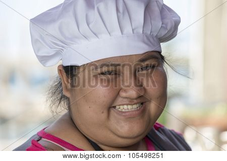 Portrait Of The Female Cook In Uniform. Bangkok, Thailand