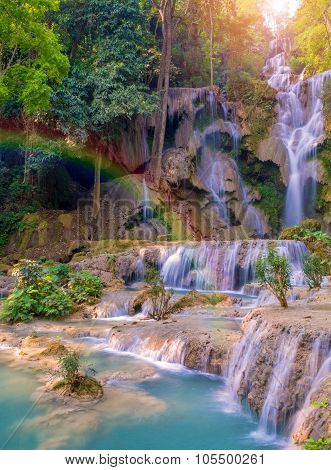 Waterfall In Rain Forest (tat Kuang Si Waterfalls At Luang Prabang, Laos.)