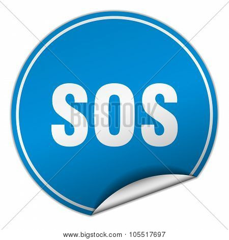 Sos Round Blue Sticker Isolated On White
