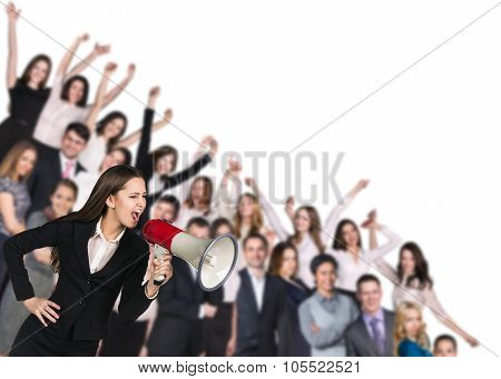 Business prople and woman with loudspeaker.