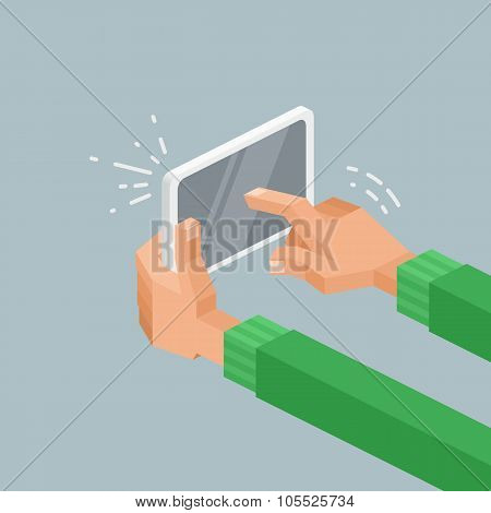 Isometric Vector Illustration Of Hands Holding A Tablet With Touchscreen, Swiping And Pointing.