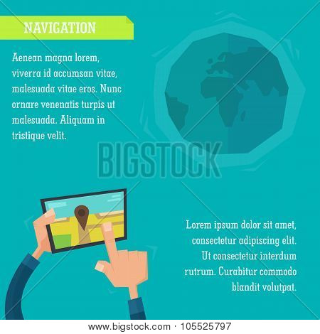Vector Infographic Illustration Navigation Via Tablet In Flat Cartoon Style