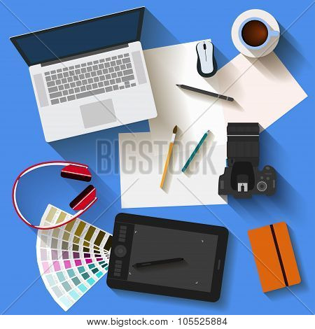 Everyday Objects In Trendy Flat Style With Long Shadow.