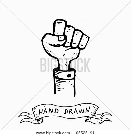 Vector Hand Fist Illustration In Hand Drawn Style. Hand Drawn By Ink Pen, Vintage Engraving Style.