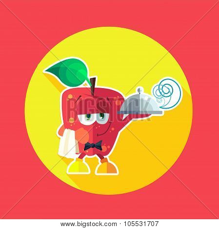 Round Flat Vector Icon With Chef Apple And Kitchenware