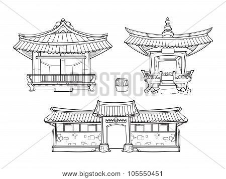 Hanok Korean traditional architecture vector outline set