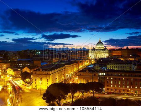 Rome, Italy. St. Peter's cathedral after sunset