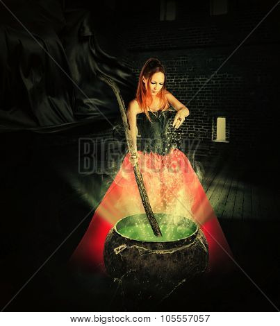 Halloween Witch Brewing A Magic Potion