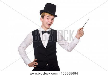 Magician with magic stick isolated on white