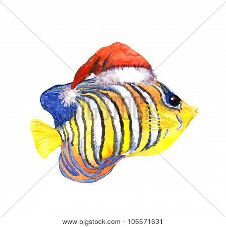 Joy character christmas exotic tropical fish in red santa's hat.