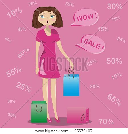 Surprised the girl drops the bags from his hands. Discounts.