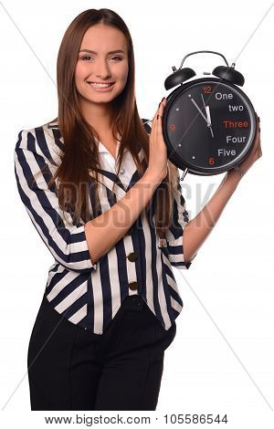 Office girl showing clock isolated on a white background