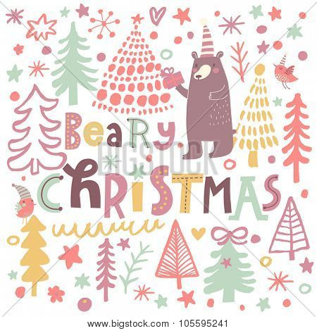 Beary Christmas - lovely holiday card in cartoon style. Sweet bear with gifts in winter forest.  Awesome background with fir trees, birds and animals in vector 