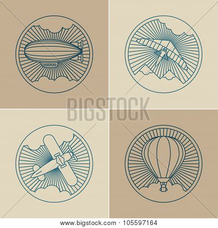 Set of round logo icons. Air transport and flying.