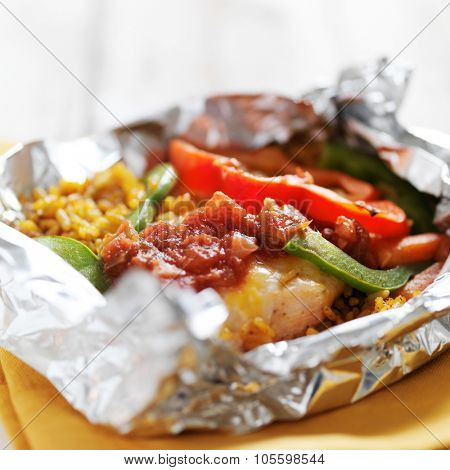 baked mexican chicken fajitas with spanish rice in foil packet