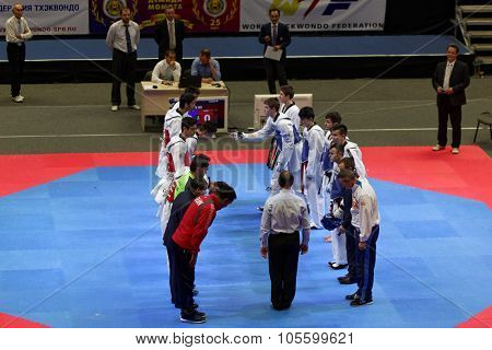 ST. PETERSBURG, RUSSIA - OCTOBER 17, 2015: Junior team salutation before the match Russia vs Iran during the martial arts festival Baltic Sea Cup in Sibur Arena. Iran won the match