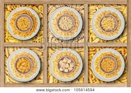 food background different kind of italian pasta