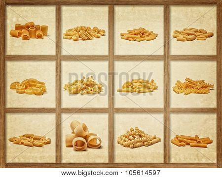 food background different kind of italian pasta
