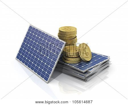 Concept Of Saving Money If Use Solar Panel. Stack Of Money On The Stack Of Solar Panels.