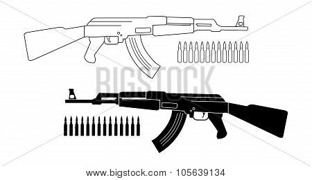 Assault Rifle With Bullets. Contour. Silhouette