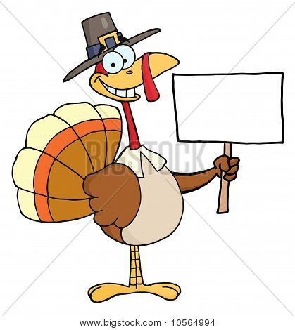 Turquia feliz com chapéu de Peregrino, segurando um cartaz em branco