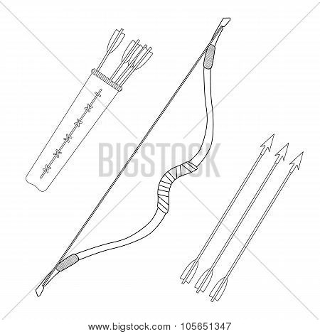 Medieval long bow with arrows and quiver. Contour