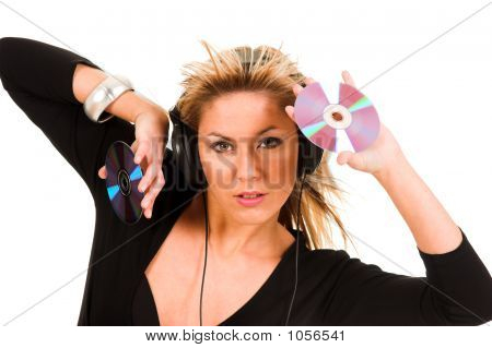 Woman Listening Music In Headphones
