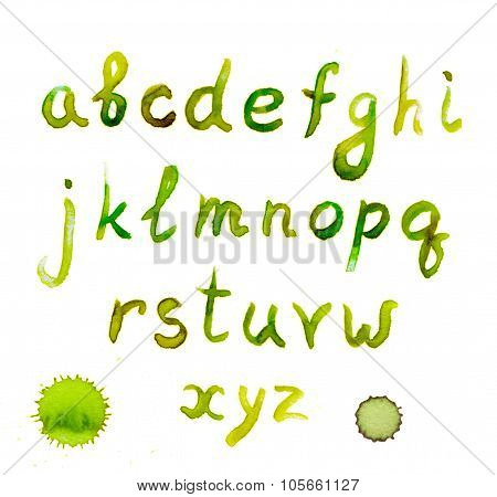Spring green watercolor painted english alphabet, low case