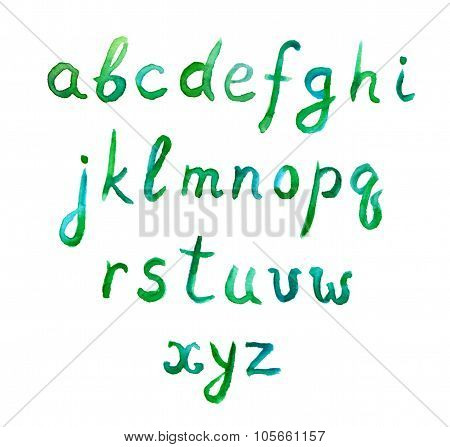 Hand writing green abc watercolor alphabet, low case