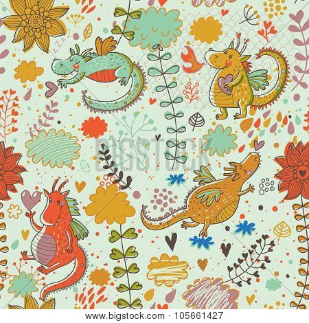 Lovely fantastic background with flowers and cartoon dragons. Seamless pattern can be used for wallpapers, pattern fills, web page backgrounds,surface textures
