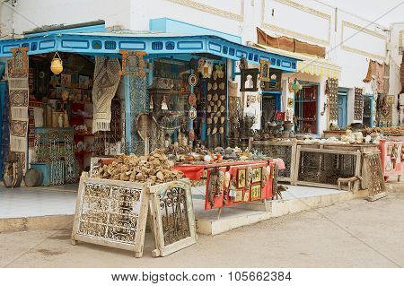 Exterior of a souvenir shop entrance in El Djem, Tunisia.