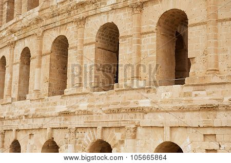 Exterior detail of the El Djem amphitheater in El Djem, Tunisia.