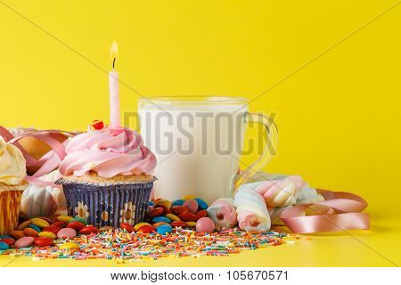 Fun Kid Birthday Concept. Sweets And Cupcakes