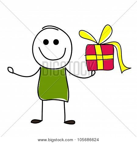 Vector doodle man is holding a gift