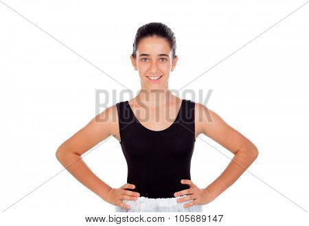 Smiling little dancer with hair pulled isolated on a white background