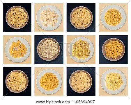 food background different kind of italian pasta