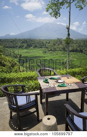 Restaurant decoration with terraces rice and volcano background