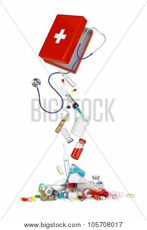 Falling From Box Medical Syringes, Bottles, Pills, Ampules And Stethoscope Isolated On White