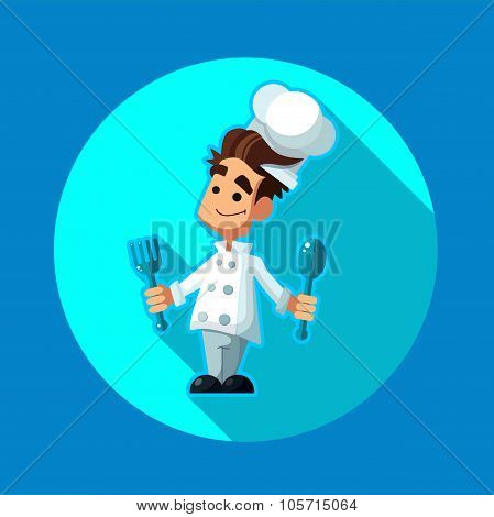 Round Flat Vector Icon With Chef Apple And Kitchenware
